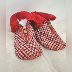 Vintage Artisan-crafted Red Plaid Zipper Baby Shoes size 3.5 / 6 - 12 months